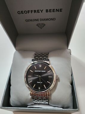 Geoffrey Beene Silver Stainless Steel Watch with Black Dial and Diamond